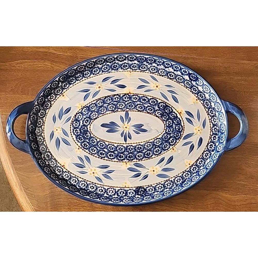 TEMP-TATIONS BY TARA OLD WORLD BLUE OVAL PLATTER/TRAY 18" WITH HANDLES 11" Wide